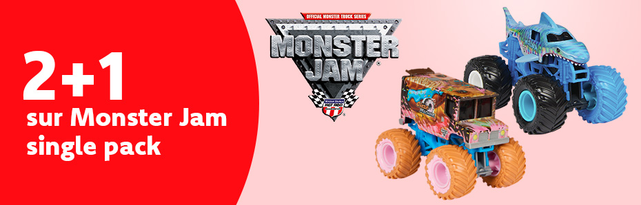 Jusqu'au 30/4 inclus, les Monster Jam Single Packs sont en 2+1 gratuit. Réalisez vos propres cascades avec ces monster trucks et défiez vos amis dans des courses folles !