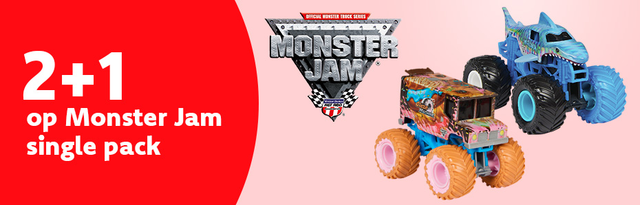 T.e.m. 30/4 geniet je van 2+1 op Monster Jam Single Packs. Doe je eigen stunts met de speelgoedvoertuigen van Monster Jam en daag je vrienden uit voor te gekke wedstrijden!
