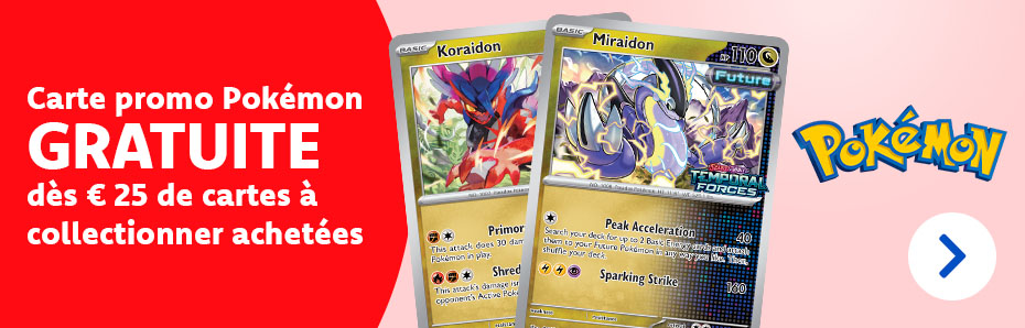 Recevez une carte promo en cadeau dès € 25 de cartes Pokémon à collectionner achetées. Dans la limite des stocks disponibles.