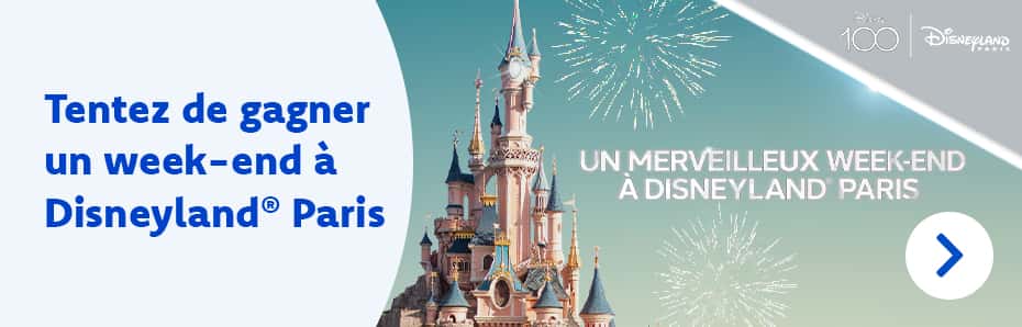 Tentez de remporter un merveilleux week-end à Disneyland® Paris ou 1 des 50 lots Disney. Concours jusqu'au 25/6/2023 inclus.