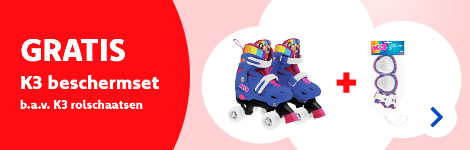 Bij aankoop van K3 rolschaatsen krijg je nu een beschermset van K3 gratis! Actie van 8/6 t.e.m. 30/6/2023 online of in je Dreamland-winkel. De actie wordt automatisch verrekend in je winkelmandje.