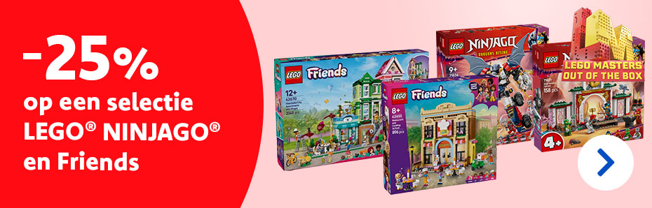Profiteer van 25% korting op geselecteerde LEGO® NINJAGO® en LEGO® Friends sets van 22 t.e.m. 28 maart. Kies jouw avontuur en bouw de mooiste verhalen!