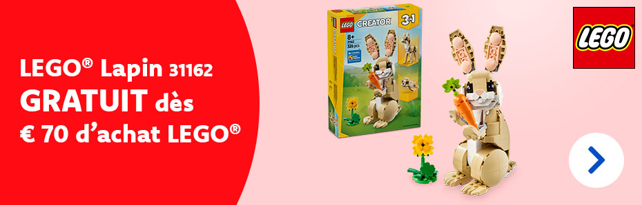 Achetez jusqu’au 20/4 pour minimum € 70 de LEGO® et recevez un adorable lapin LEGO® d’une valeur de € 19,95 en cadeau !
