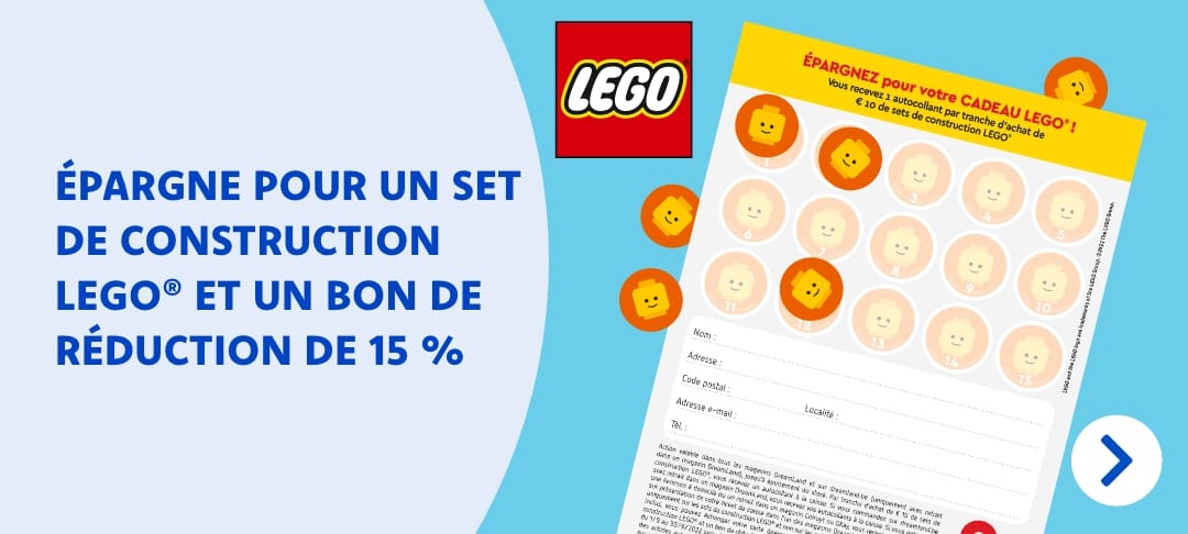 Épargnez pour un bon de réduction de 15 % sur un set de construction LEGO® au choix ainsi qu’un set de construction LEGO® d’une valeur de € 19,99 ! Maintenant dans votre magasin DreamLand et sur dreamland.be.