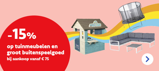 Nog t.e.m. 26/3/2023 krijg je 15 % korting op tuinmeubelen en groot buitenspeelgoed bij aankoop vanaf € 75 tuinmeubelen en groot buitenspeelgoed.