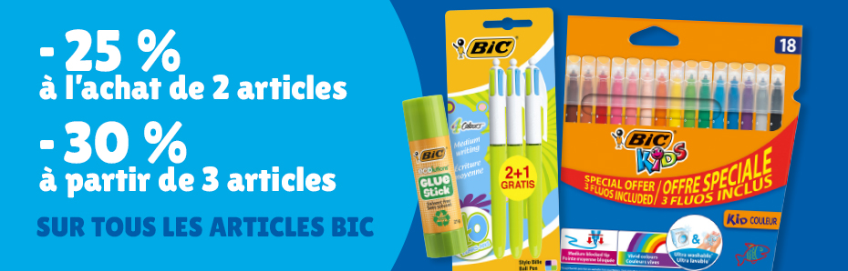 Découvrez dès maintenant notre promotion BIC et profitez-en ! En achetant 2 articles BIC, vous bénéficiez d'une remise de 25 %. Si vous achetez 3 articles BIC, vous bénéficierez de -30% !