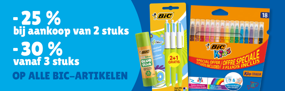 Ontdek nu onze BIC-actie en sla je slag! Bij aankoop van 2 BIC-artikelen krijg je 25 % korting. Koop je 3 BIC-artikelen, dan profiteer je van -30 %!